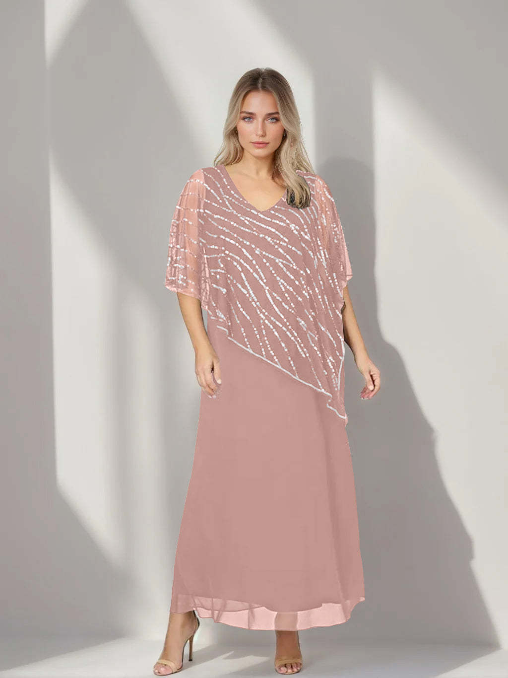 Plus Size V-Neck A-Line Princess Ankle-Length Mother of the Bride Dress with Asymmetrical Cape Popover and Half Sleeves-BMbridal.UK