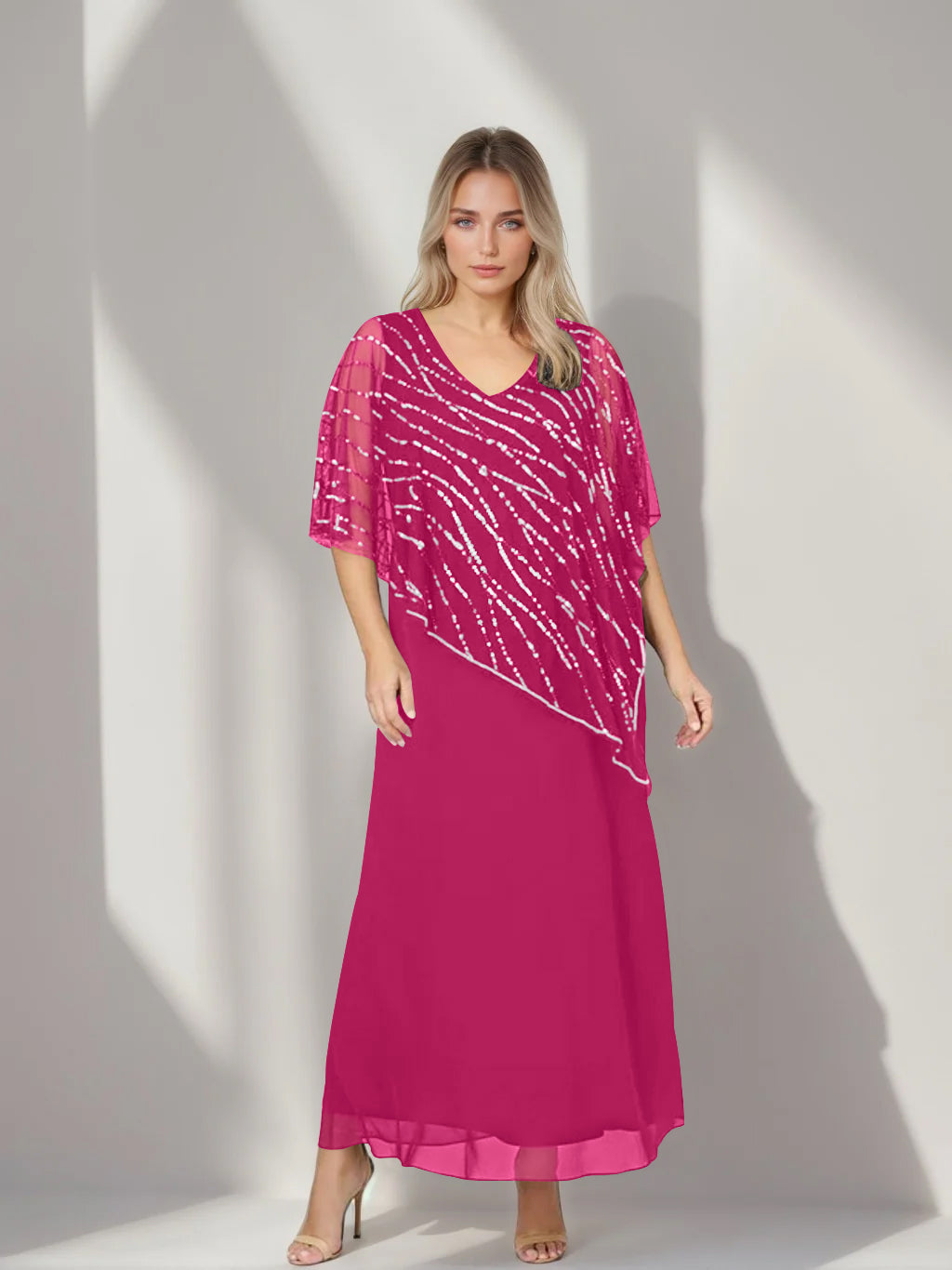 Plus Size V-Neck A-Line Princess Ankle-Length Mother of the Bride Dress with Asymmetrical Cape Popover and Half Sleeves-BMbridal.UK