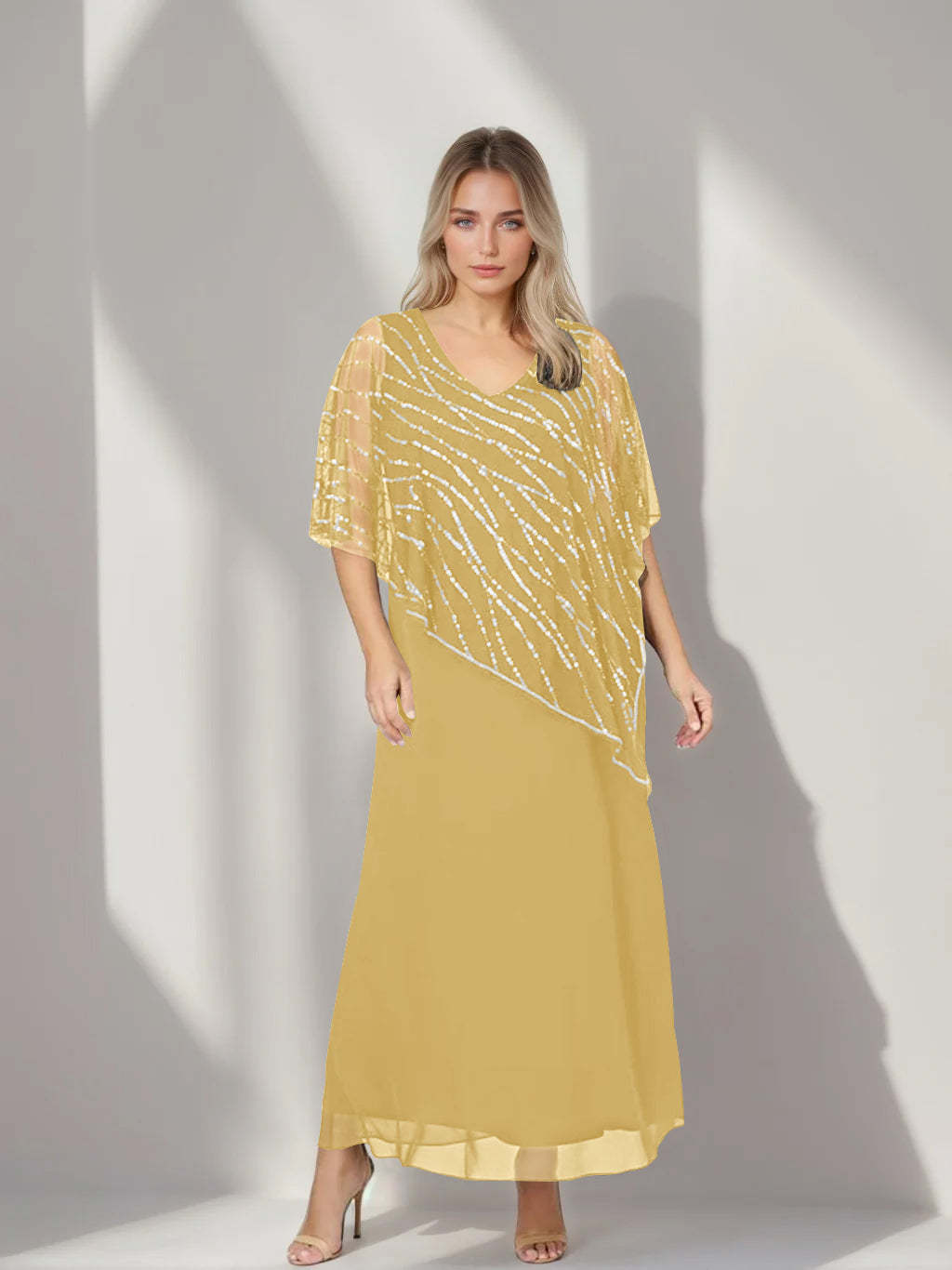 Plus Size V-Neck A-Line Princess Ankle-Length Mother of the Bride Dress with Asymmetrical Cape Popover and Half Sleeves-BMbridal.UK