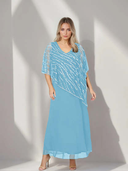 Plus Size V-Neck A-Line Princess Ankle-Length Mother of the Bride Dress with Asymmetrical Cape Popover and Half Sleeves-BMbridal.UK