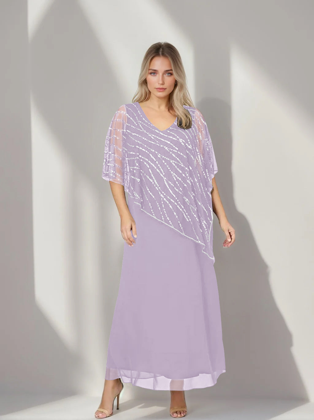 Plus Size V-Neck A-Line Princess Ankle-Length Mother of the Bride Dress with Asymmetrical Cape Popover and Half Sleeves-BMbridal.UK