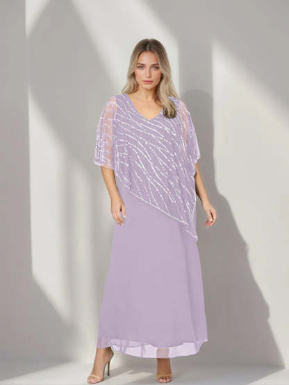 Plus Size V-Neck A-Line Princess Ankle-Length Mother of the Bride Dress with Asymmetrical Cape Popover and Half Sleeves-BMbridal.UK