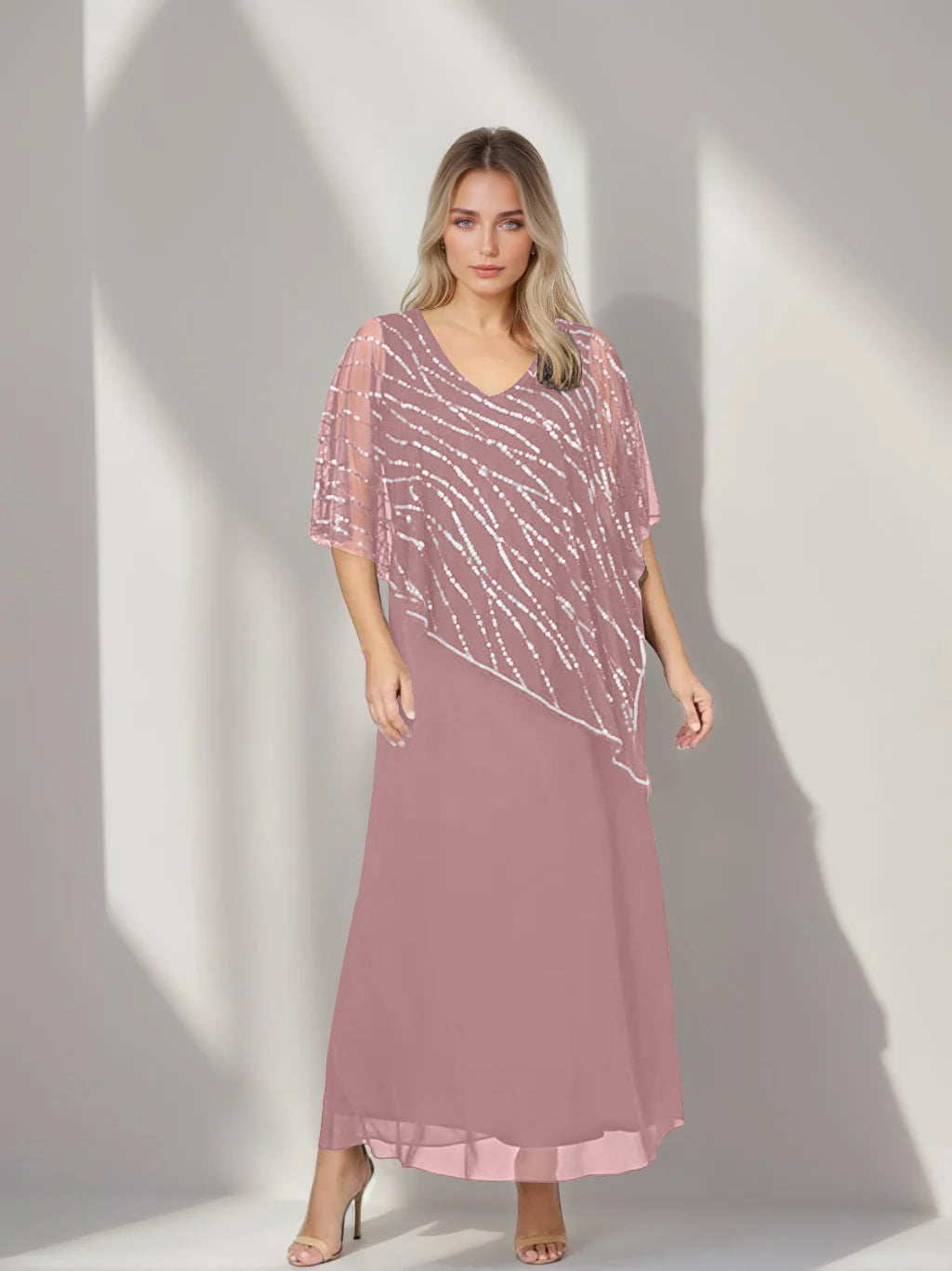 Plus Size V-Neck A-Line Princess Ankle-Length Mother of the Bride Dress with Asymmetrical Cape Popover and Half Sleeves-BMbridal.UK