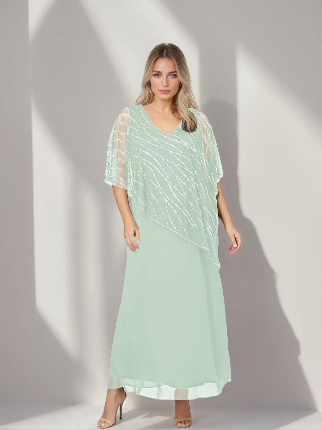 Plus Size V-Neck A-Line Princess Ankle-Length Mother of the Bride Dress with Asymmetrical Cape Popover and Half Sleeves-BMbridal.UK