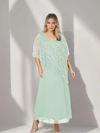 Plus Size V-Neck A-Line Princess Ankle-Length Mother of the Bride Dress with Asymmetrical Cape Popover and Half Sleeves-BMbridal.UK
