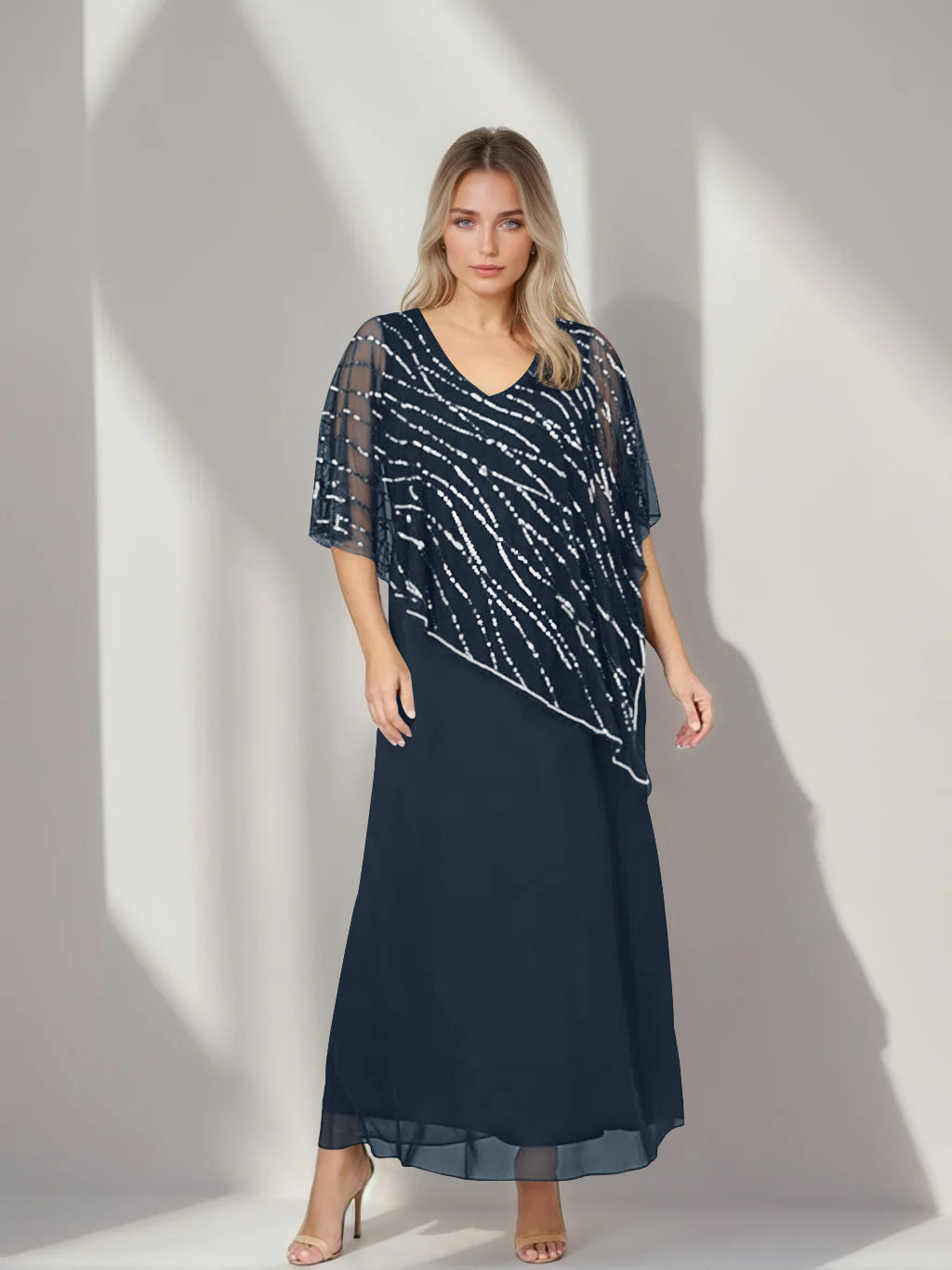 Plus Size V-Neck A-Line Princess Ankle-Length Mother of the Bride Dress with Asymmetrical Cape Popover and Half Sleeves-BMbridal.UK