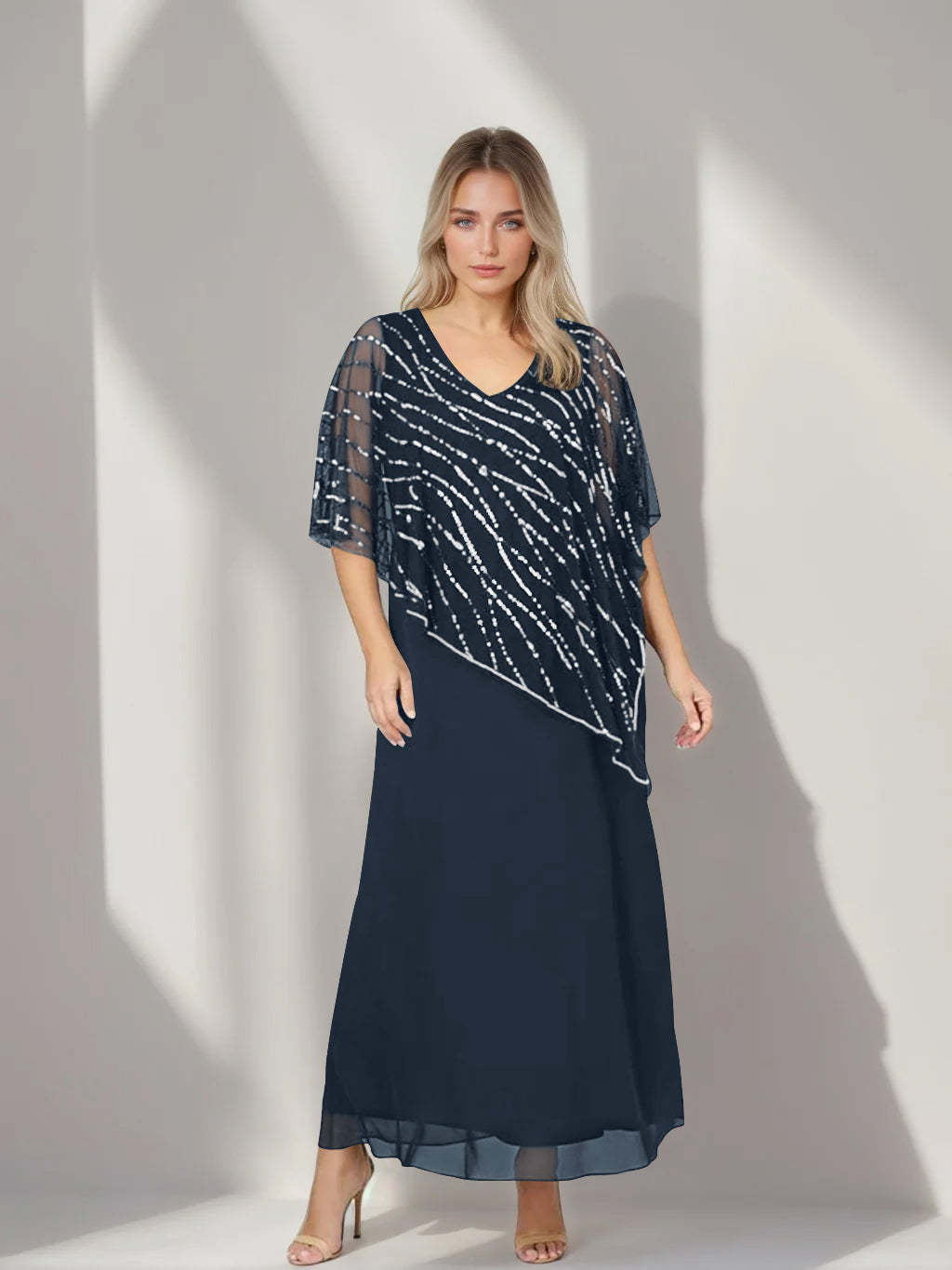 Plus Size V-Neck A-Line Princess Ankle-Length Mother of the Bride Dress with Asymmetrical Cape Popover and Half Sleeves-BMbridal.UK