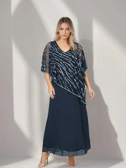 Plus Size V-Neck A-Line Princess Ankle-Length Mother of the Bride Dress with Asymmetrical Cape Popover and Half Sleeves-BMbridal.UK