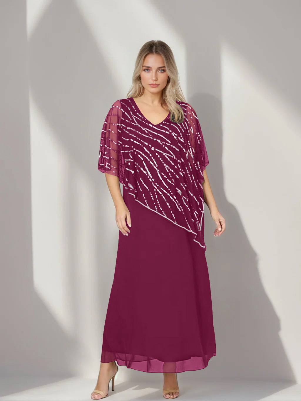 Plus Size V-Neck A-Line Princess Ankle-Length Mother of the Bride Dress with Asymmetrical Cape Popover and Half Sleeves-BMbridal.UK