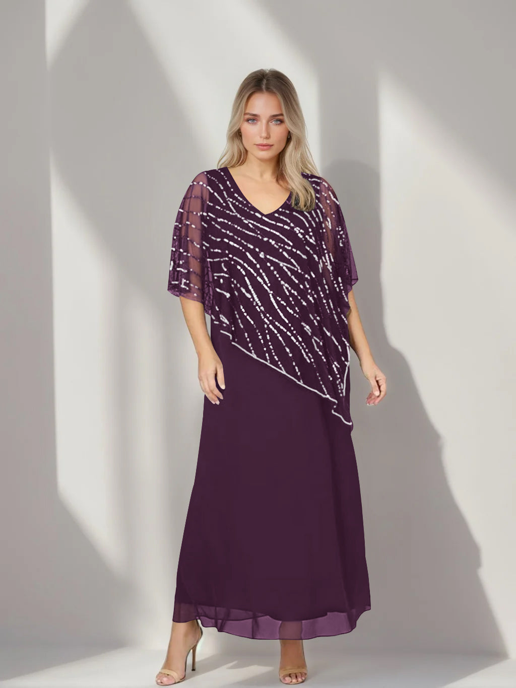 Plus Size V-Neck A-Line Princess Ankle-Length Mother of the Bride Dress with Asymmetrical Cape Popover and Half Sleeves-BMbridal.UK