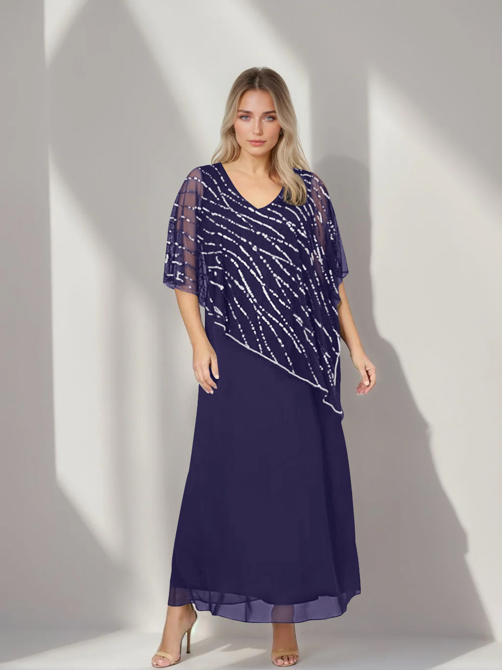 Plus Size V-Neck A-Line Princess Ankle-Length Mother of the Bride Dress with Asymmetrical Cape Popover and Half Sleeves-BMbridal.UK