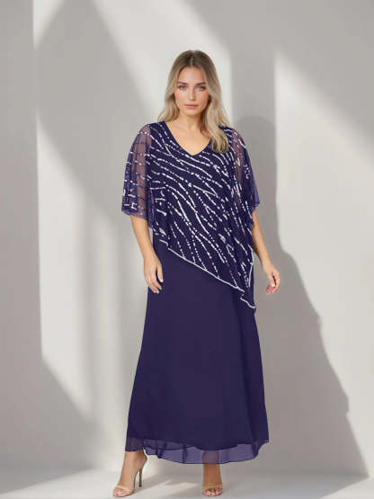 Plus Size V-Neck A-Line Princess Ankle-Length Mother of the Bride Dress with Asymmetrical Cape Popover and Half Sleeves-BMbridal.UK