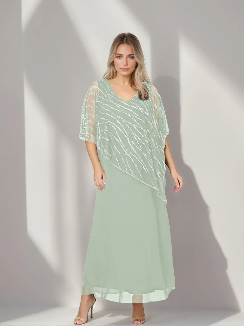 Plus Size V-Neck A-Line Princess Ankle-Length Mother of the Bride Dress with Asymmetrical Cape Popover and Half Sleeves-BMbridal.UK