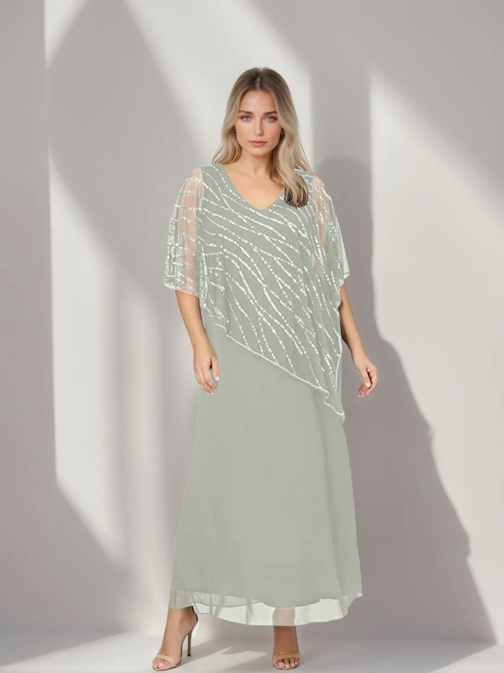 Plus Size V-Neck A-Line Princess Ankle-Length Mother of the Bride Dress with Asymmetrical Cape Popover and Half Sleeves-BMbridal.UK