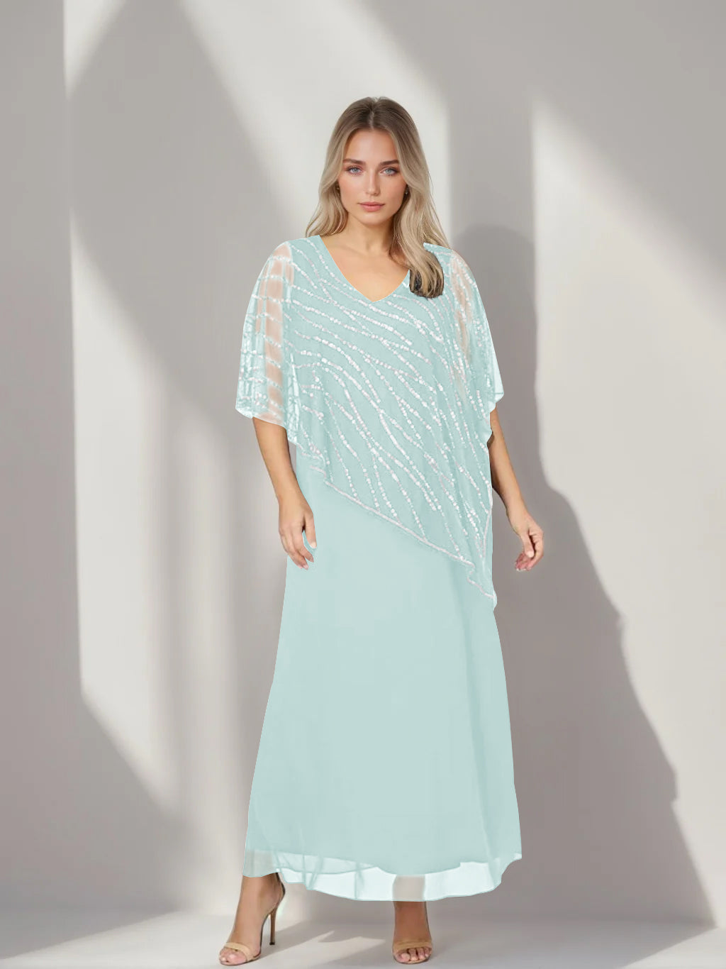 Plus Size V-Neck A-Line Princess Ankle-Length Mother of the Bride Dress with Asymmetrical Cape Popover and Half Sleeves-BMbridal.UK