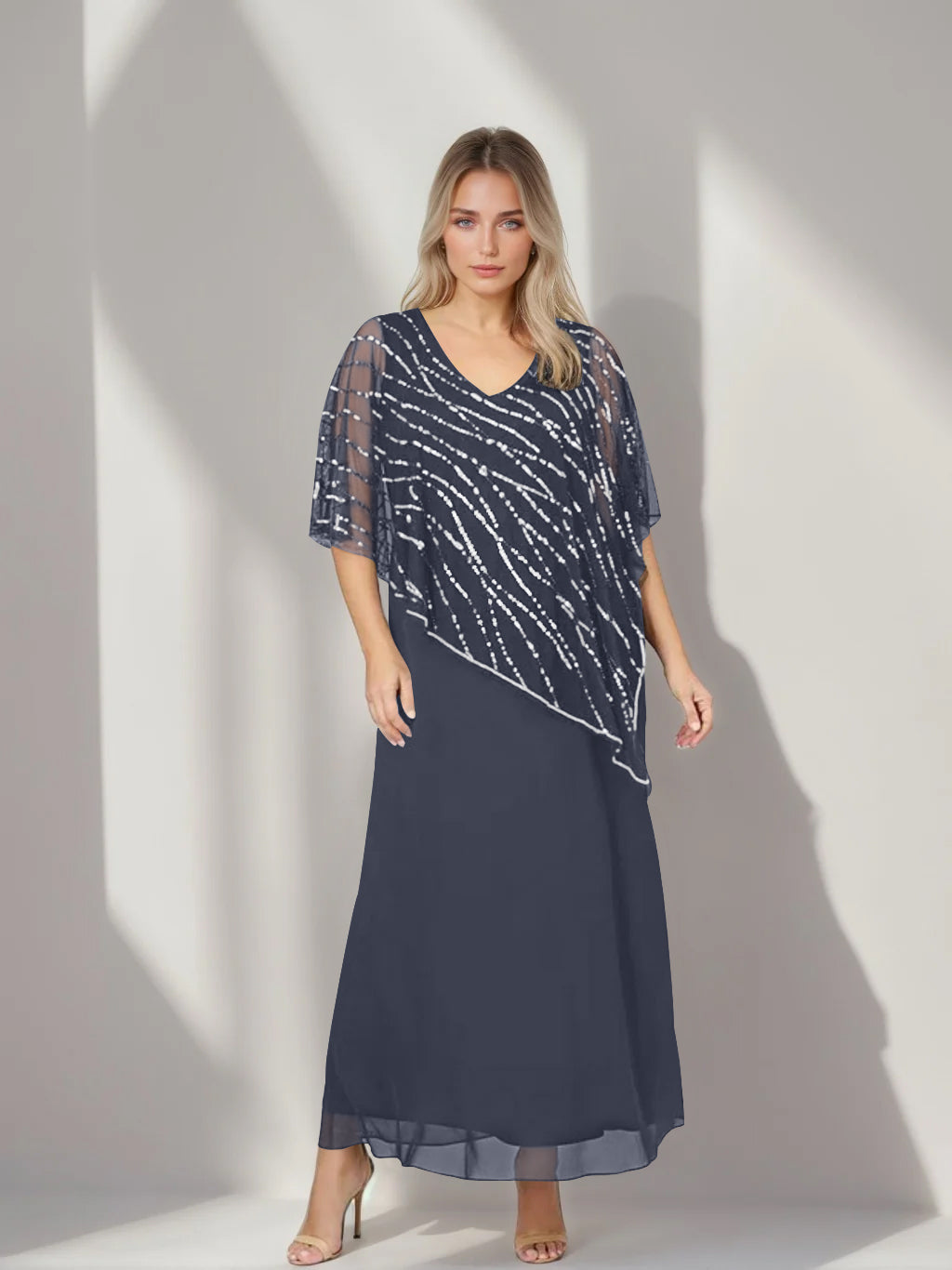Plus Size V-Neck A-Line Princess Ankle-Length Mother of the Bride Dress with Asymmetrical Cape Popover and Half Sleeves-BMbridal.UK