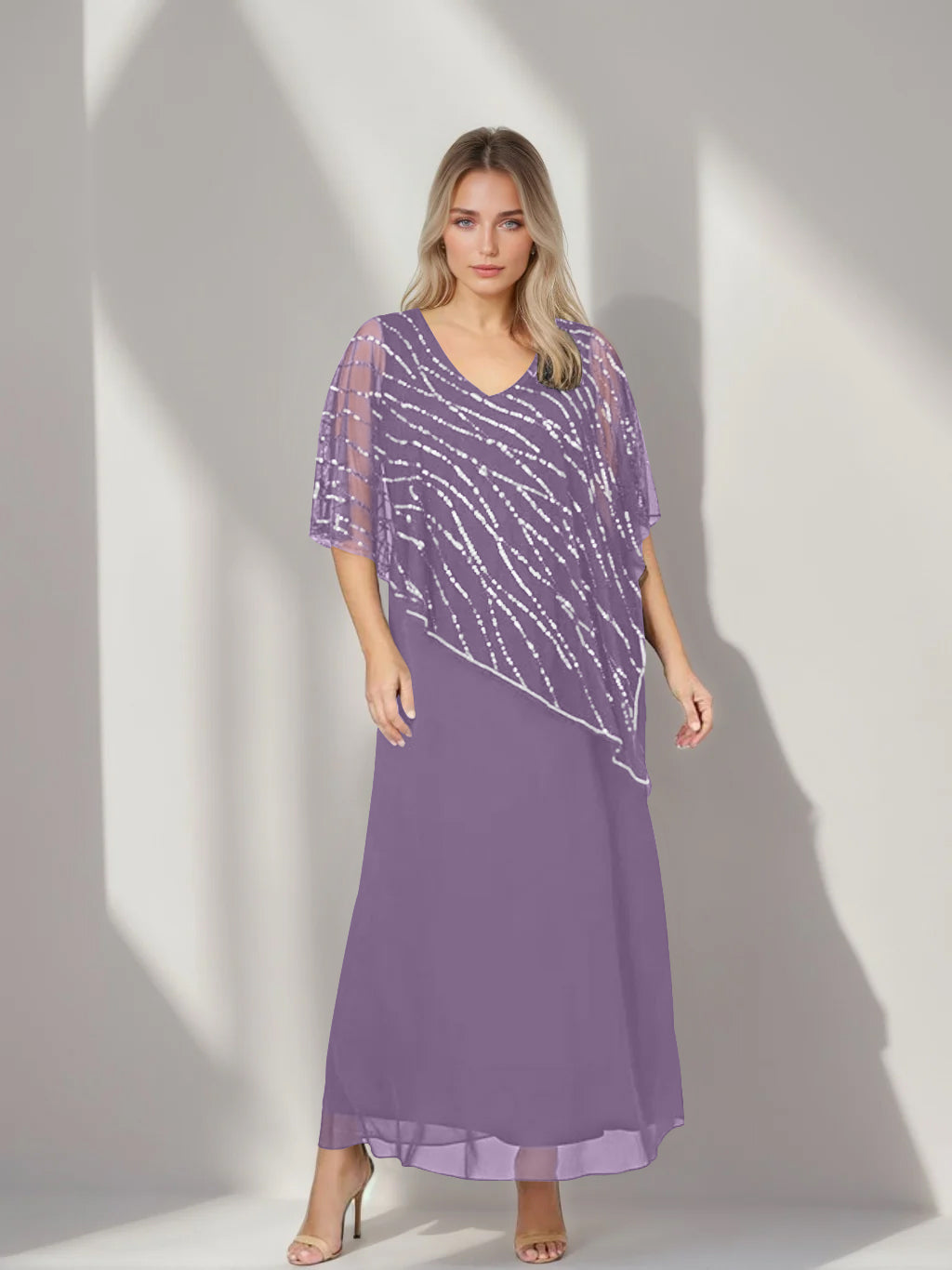 Plus Size V-Neck A-Line Princess Ankle-Length Mother of the Bride Dress with Asymmetrical Cape Popover and Half Sleeves-BMbridal.UK