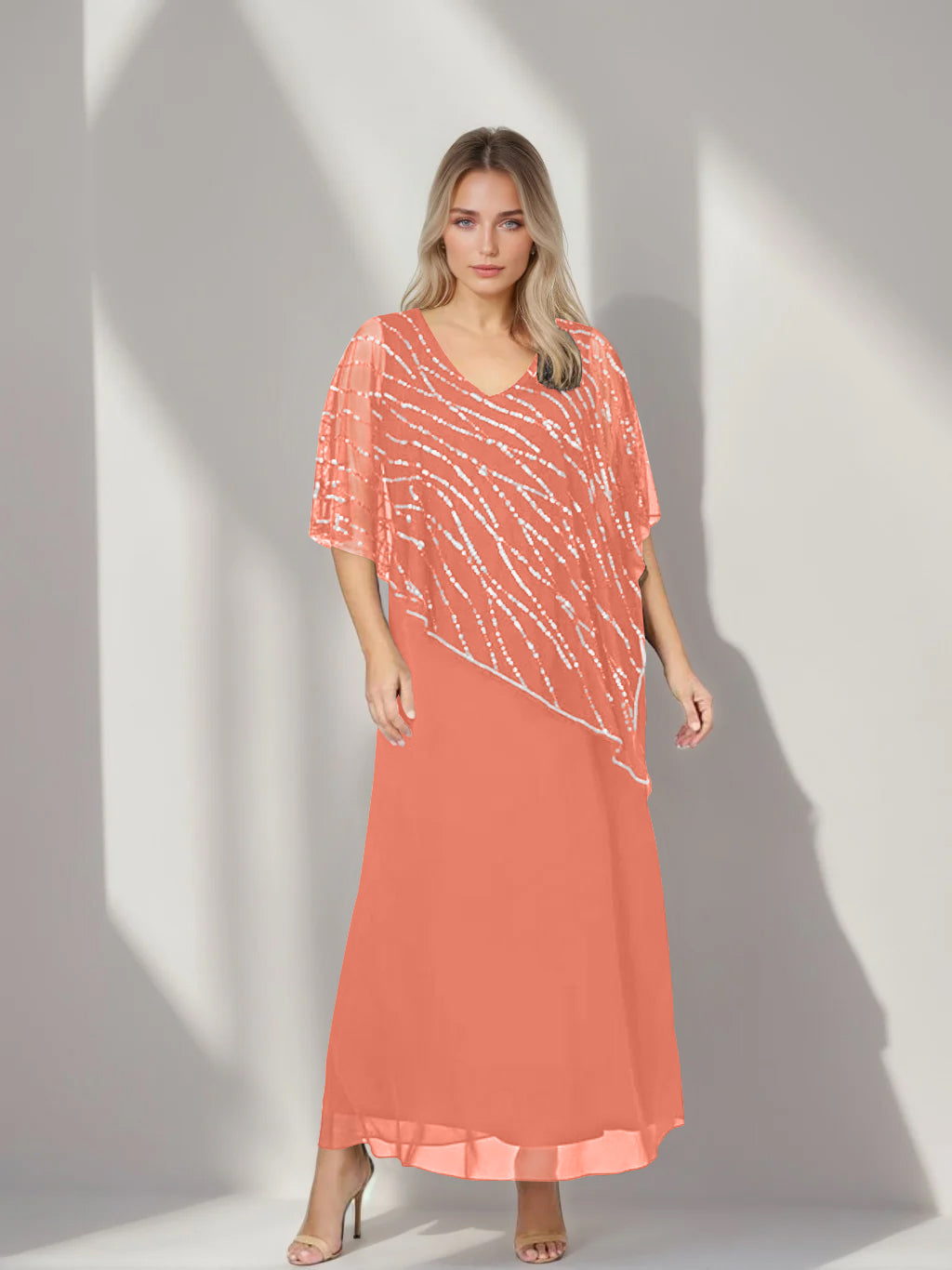 Plus Size V-Neck A-Line Princess Ankle-Length Mother of the Bride Dress with Asymmetrical Cape Popover and Half Sleeves-BMbridal.UK