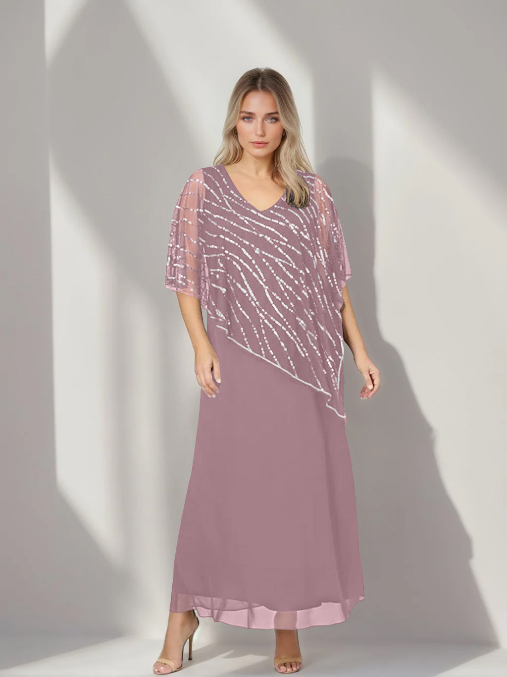 Plus Size V-Neck A-Line Princess Ankle-Length Mother of the Bride Dress with Asymmetrical Cape Popover and Half Sleeves-BMbridal.UK