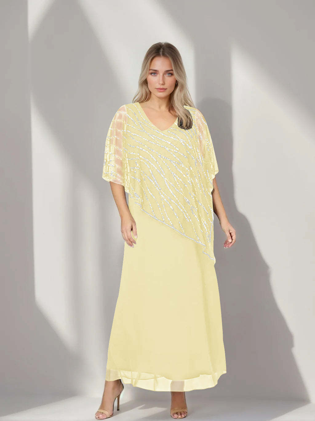 Plus Size V-Neck A-Line Princess Ankle-Length Mother of the Bride Dress with Asymmetrical Cape Popover and Half Sleeves-BMbridal.UK