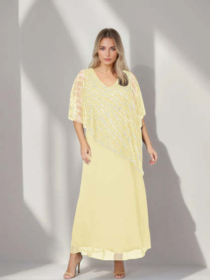 Plus Size V-Neck A-Line Princess Ankle-Length Mother of the Bride Dress with Asymmetrical Cape Popover and Half Sleeves-BMbridal.UK