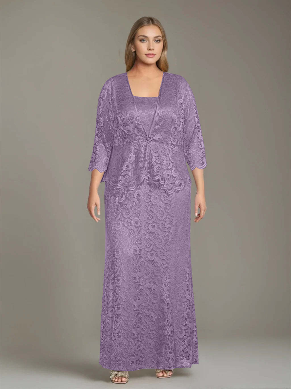 Plus Size 2-Piece Mother of the Bride Dress Set with Square Neck and Floor-Length Sheath