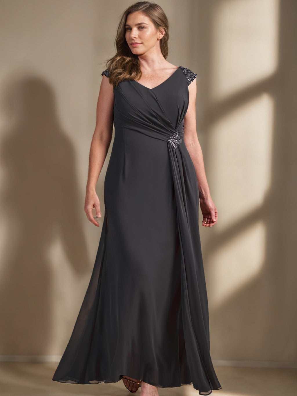 V-Neck Sleeveless Plus Size A-Line Princess Floor-Length Mother of the Bride Dress with Sequins and Ruffles-BMbridal.UK