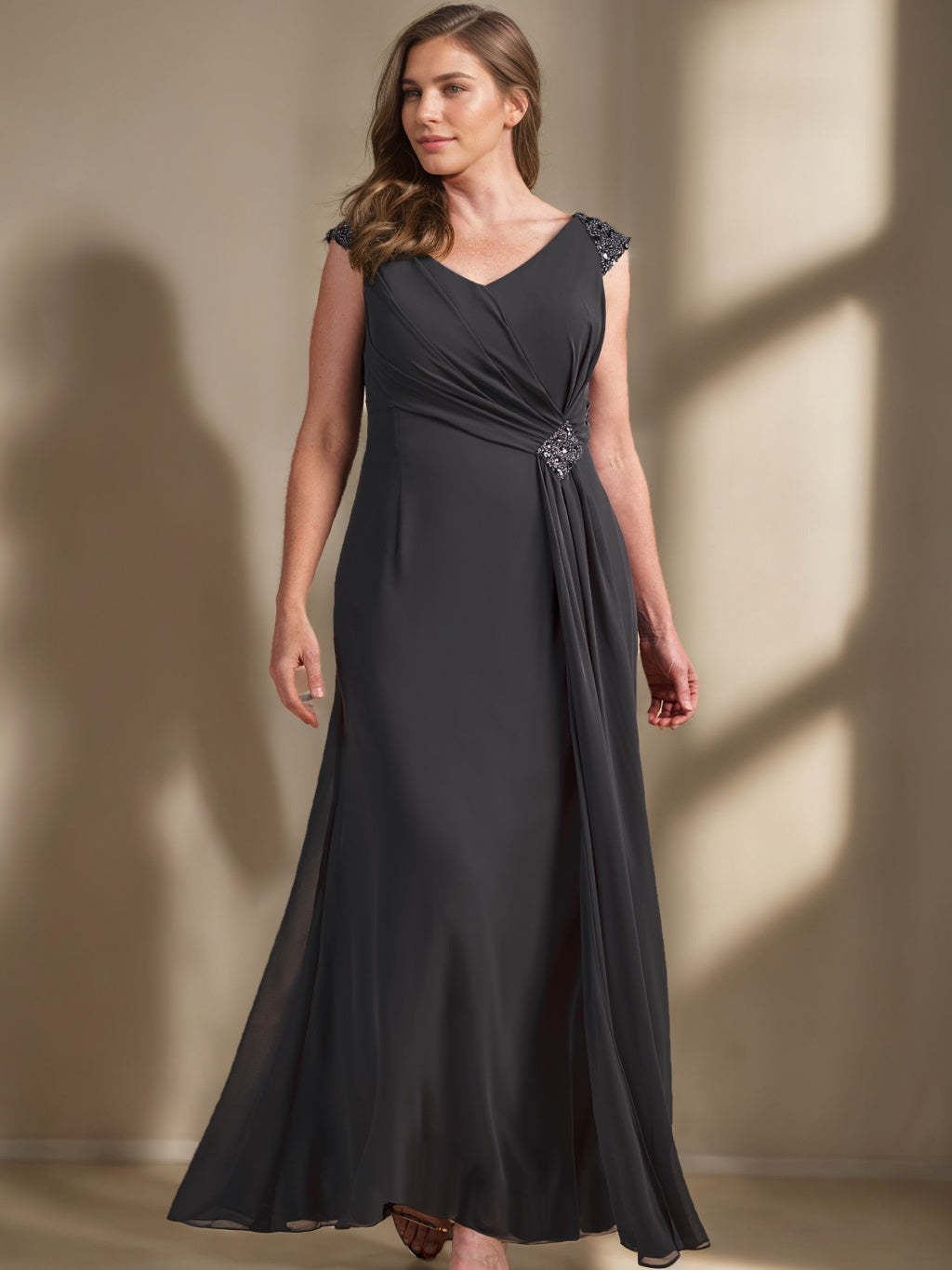 V-Neck Sleeveless Plus Size A-Line Princess Floor-Length Mother of the Bride Dress with Sequins and Ruffles-BMbridal.UK