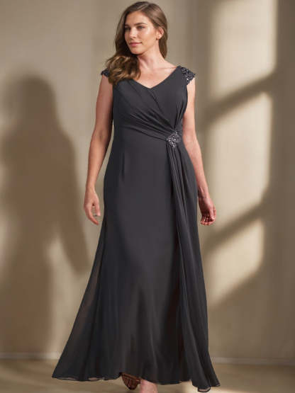 V-Neck Sleeveless Plus Size A-Line Princess Floor-Length Mother of the Bride Dress with Sequins and Ruffles-BMbridal.UK