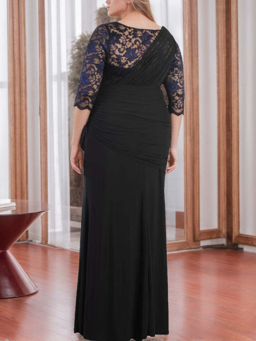 V-Neck Half-Sleeve Plus-Size Floor-Length Mother of the Bride Sheath Dress with Appliques and Ruffles-BMbridal.UK