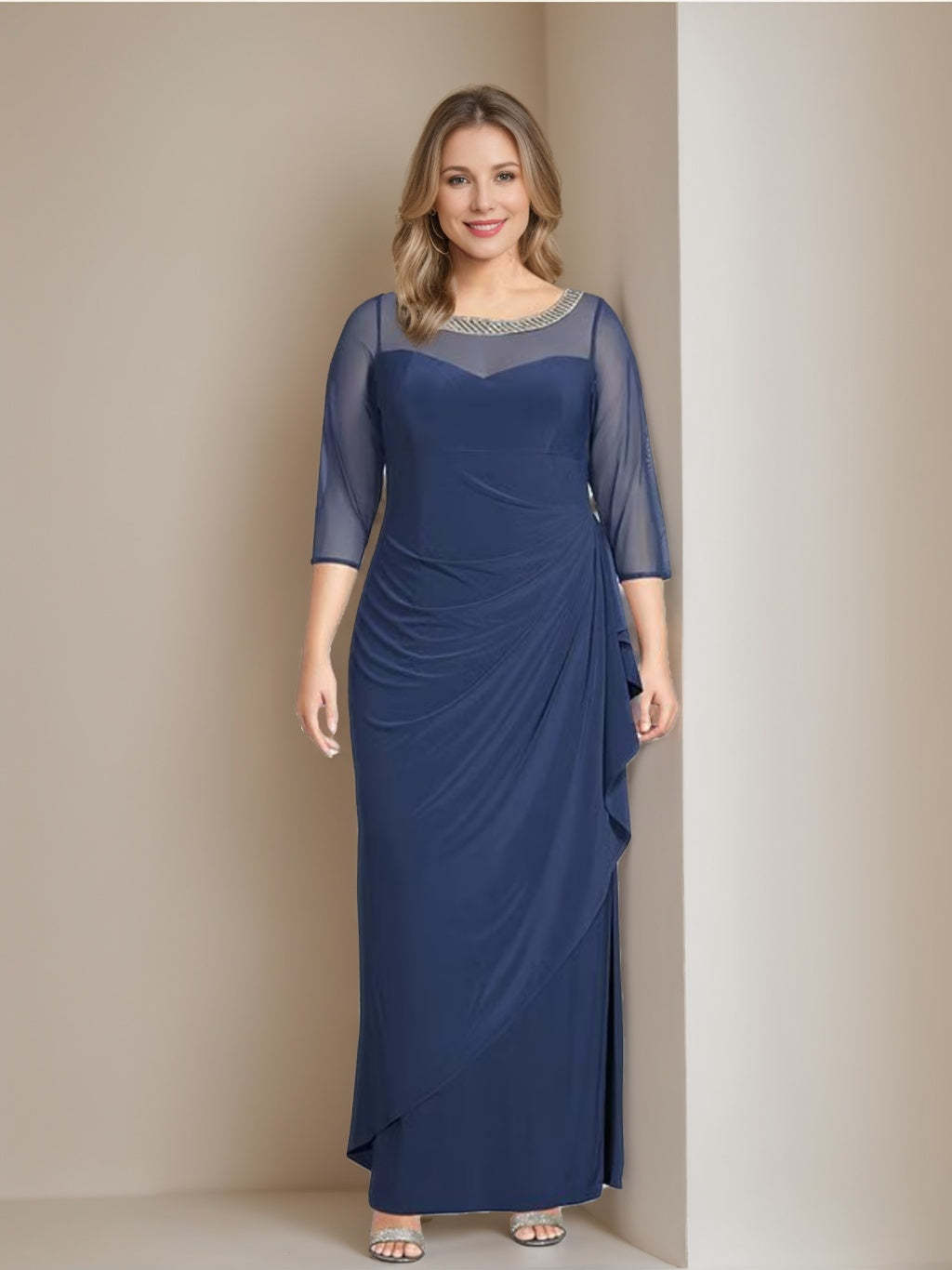Plus Size Ankle-Length Mother of the Bride Dress with 3/4 Sleeves and Ruffles