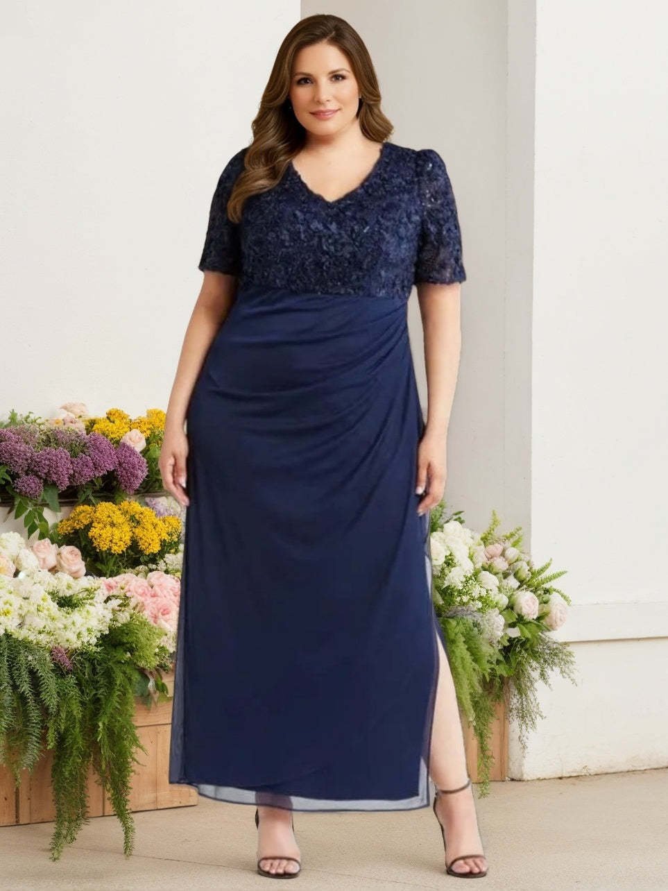 V-Neck Short-Sleeve Ankle-Length Plus Size Sheath/Column Mother of the Bride Dress with Sequins & Ruches-BMbridal.UK