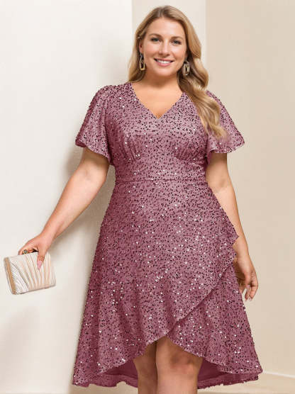 V-Neck A-Line Princess Short Sleeve Asymmetrical Plus Size Mother of the Bride Dress with Sequins and Ruffles-BMbridal.UK