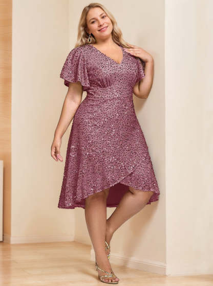 V-Neck A-Line Princess Short Sleeve Asymmetrical Plus Size Mother of the Bride Dress with Sequins and Ruffles-BMbridal.UK