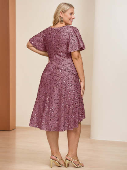 V-Neck A-Line Princess Short Sleeve Asymmetrical Plus Size Mother of the Bride Dress with Sequins and Ruffles-BMbridal.UK