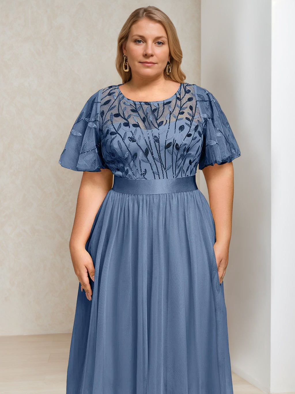 Plus Size Tea-Length Mother of the Bride Dress with Sequins and Embroidery A-Line/Princess Cut Round Neck and Short Sleeves-BMbridal.UK