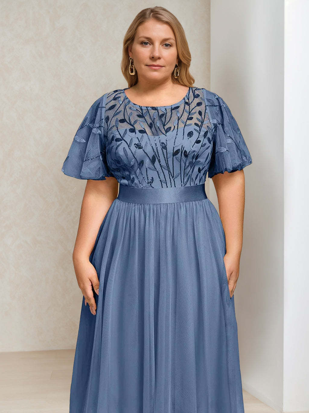 Plus Size Tea-Length Mother of the Bride Dress with Sequins and Embroidery A-Line/Princess Cut Round Neck and Short Sleeves-BMbridal.UK