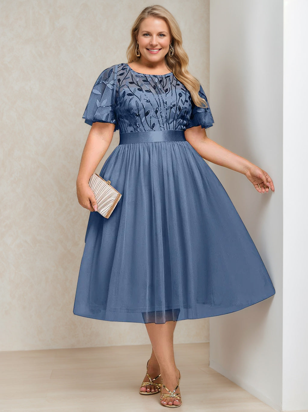 Plus Size Tea-Length Mother of the Bride Dress with Sequins and Embroidery A-Line/Princess Cut Round Neck and Short Sleeves-BMbridal.UK