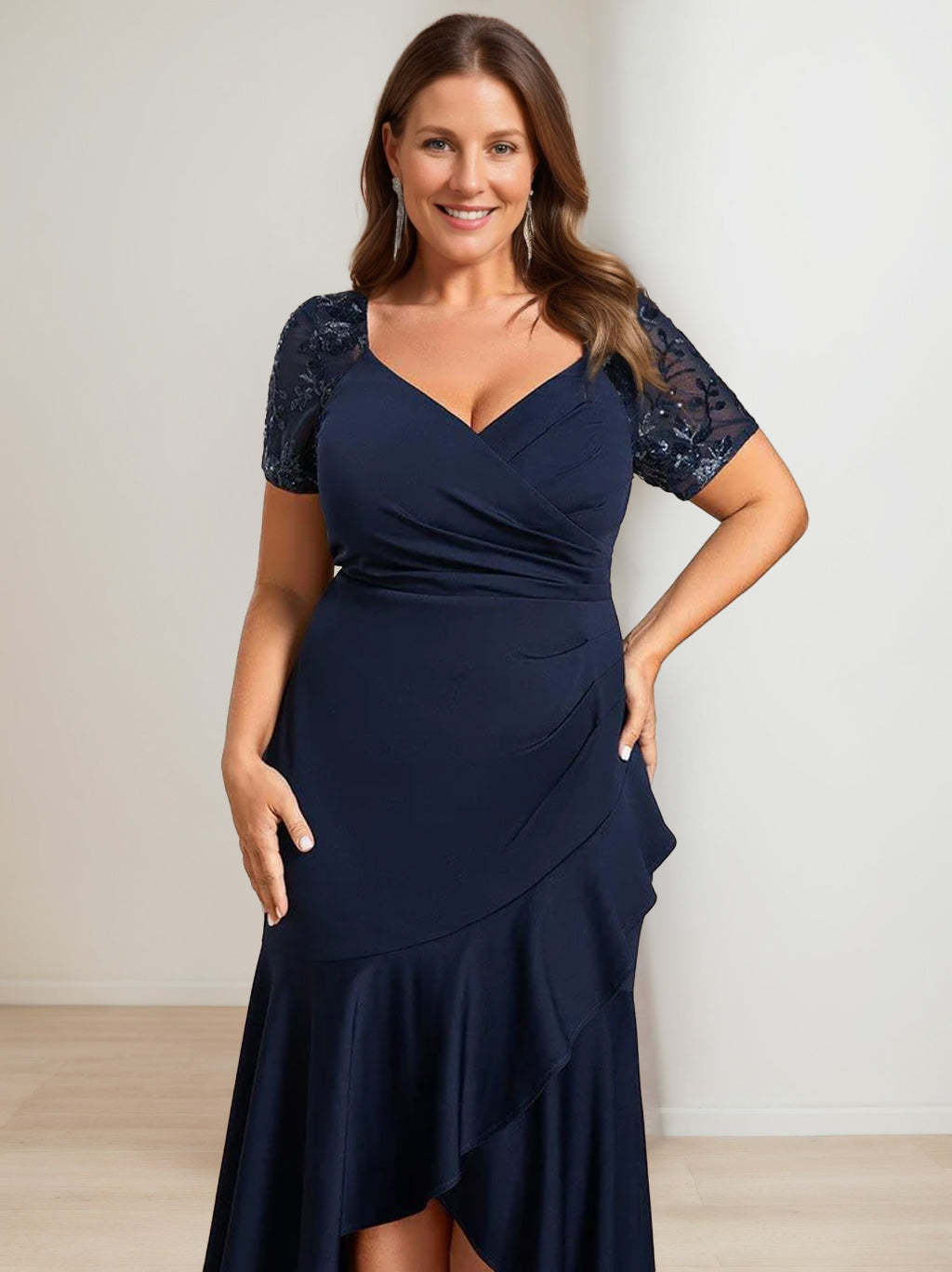 V-Neck Asymmetrical Sheath/Column Plus Size Mother of the Bride Dress with Short Sleeves and Sequins