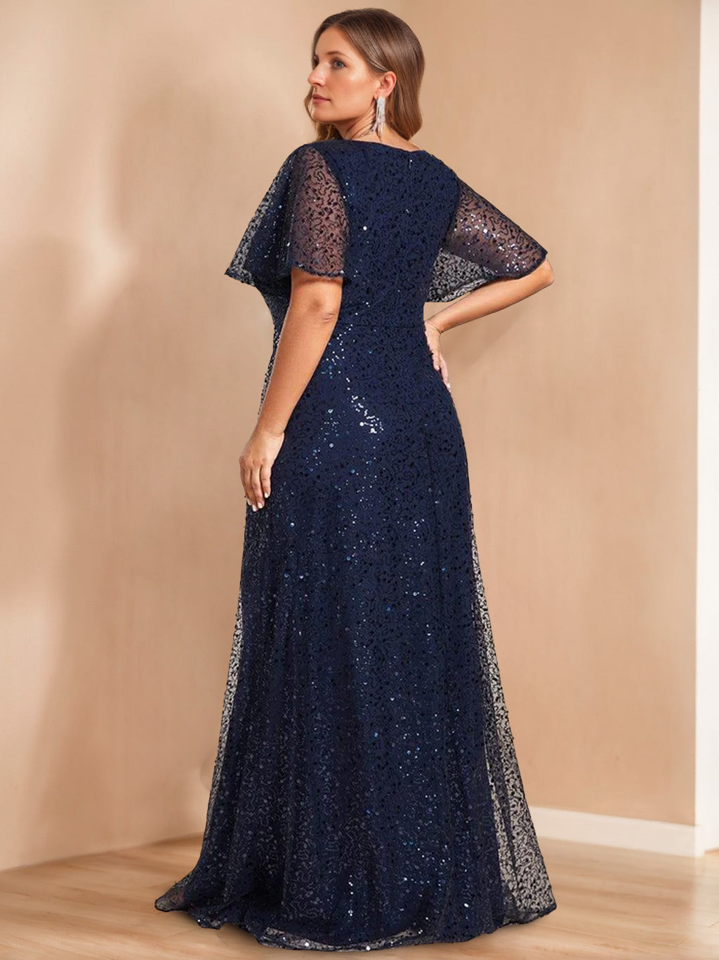 Unique Plus Size V-Neck A-Line Princess Floor-Length Mother of the Bride Dress with Sequins and Short Sleeves-BMbridal.UK