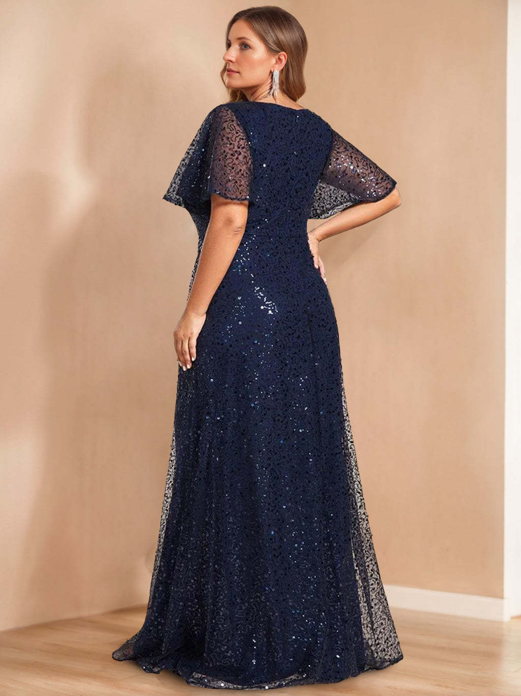 Unique Plus Size V-Neck A-Line Princess Floor-Length Mother of the Bride Dress with Sequins and Short Sleeves-BMbridal.UK