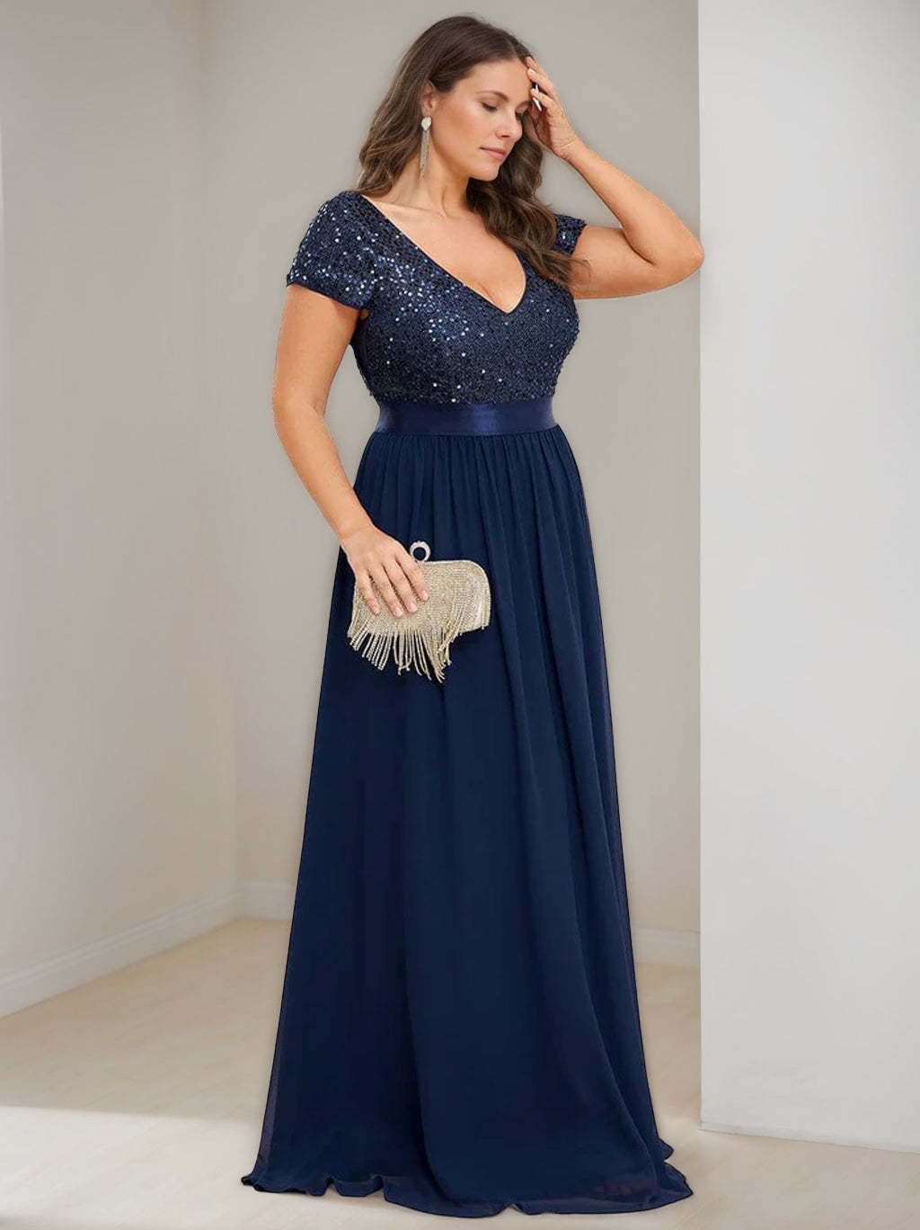 Plus Size V-Neck A-Line Princess Floor-Length Chiffon Mother Of The Bride Dress with Ribbon and Short Sleeves-BMbridal.UK