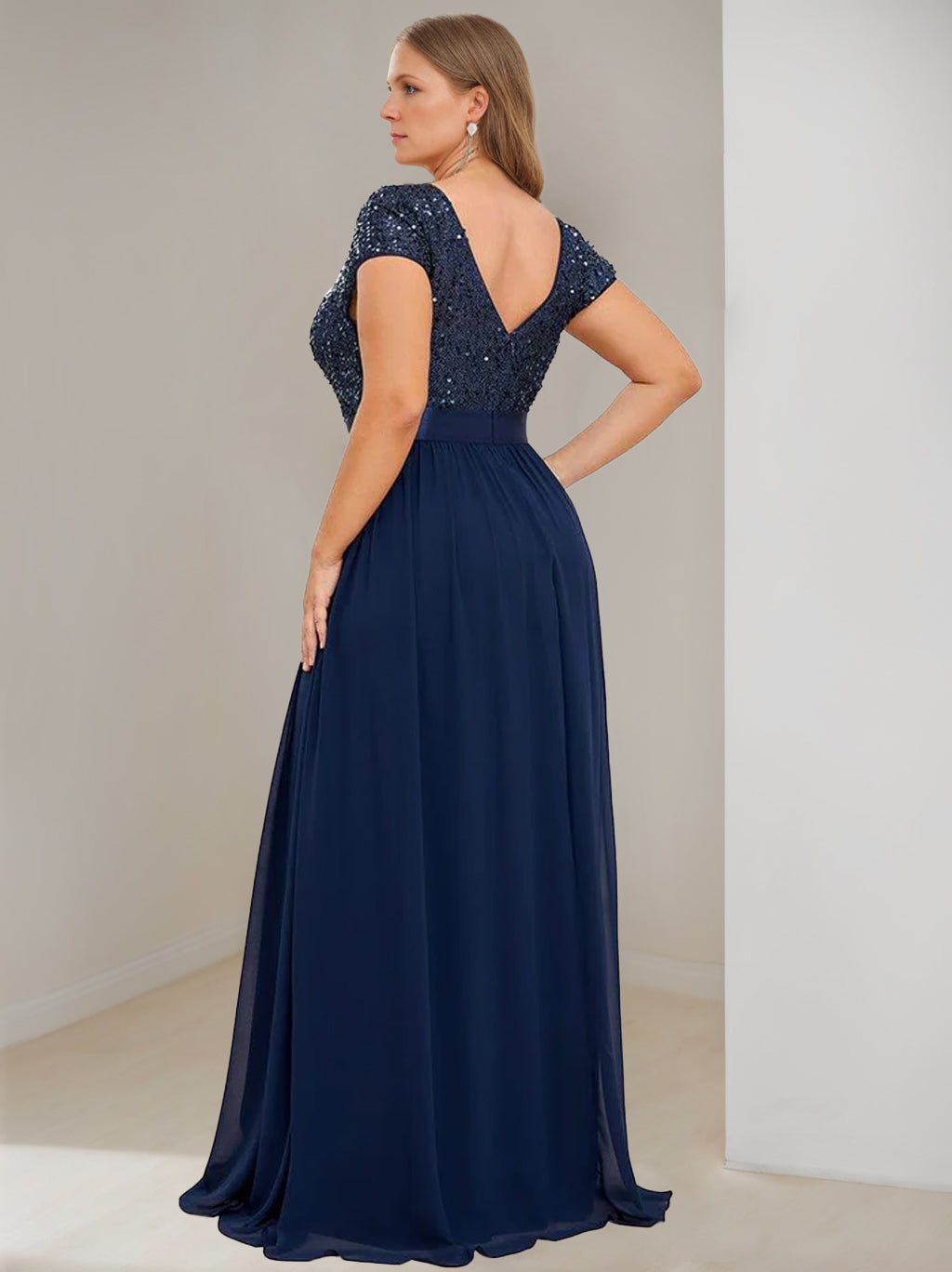 Plus Size V-Neck A-Line Princess Floor-Length Chiffon Mother Of The Bride Dress with Ribbon and Short Sleeves-BMbridal.UK