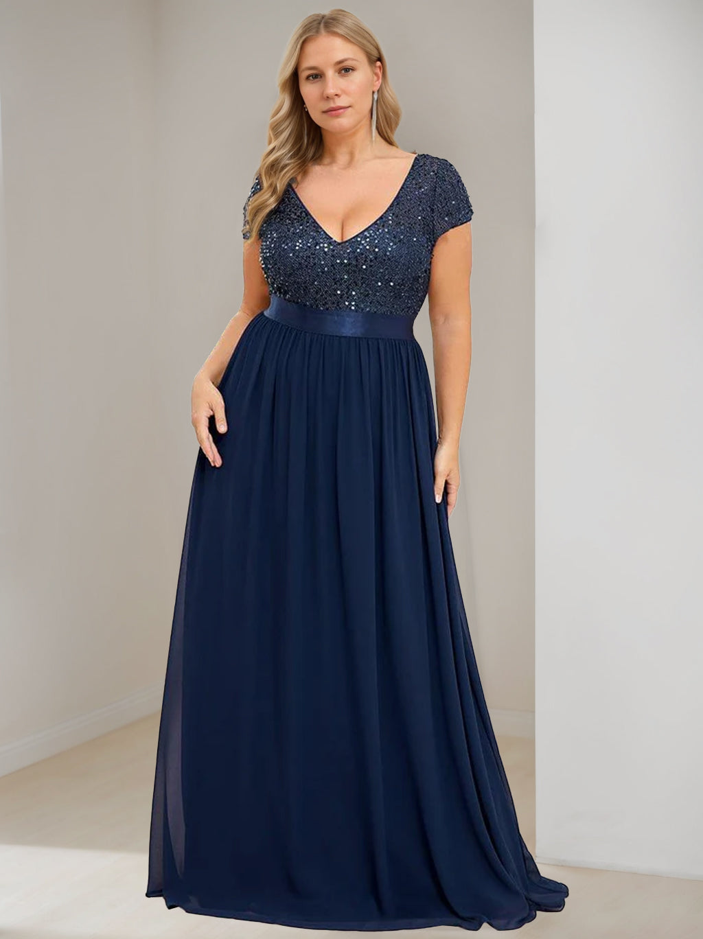 Plus Size V-Neck A-Line Princess Floor-Length Chiffon Mother Of The Bride Dress with Ribbon and Short Sleeves-BMbridal.UK