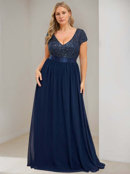 Plus Size V-Neck A-Line Princess Floor-Length Chiffon Mother Of The Bride Dress with Ribbon and Short Sleeves-BMbridal.UK