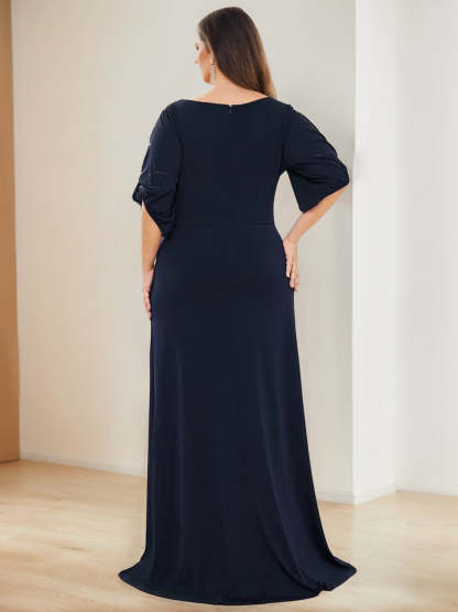 Plus Size Floor-Length A-Line Princess Mother of the Bride Dress with Hot Drill and Round Neck Half Sleeves-BMbridal.UK