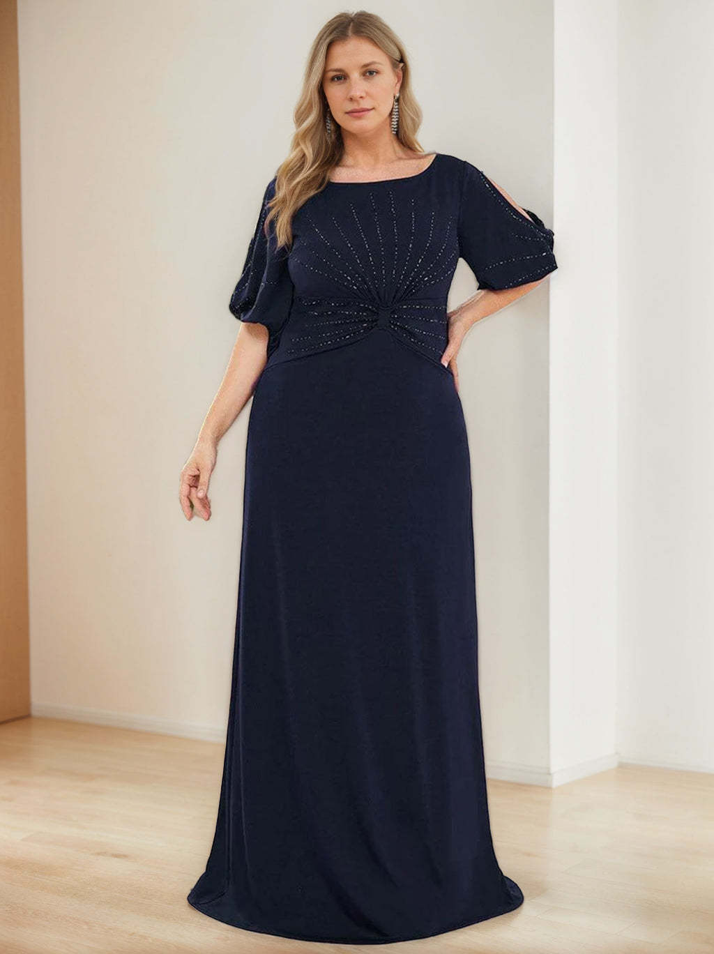 Plus Size Floor-Length A-Line Princess Mother of the Bride Dress with Hot Drill and Round Neck Half Sleeves-BMbridal.UK