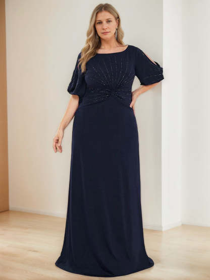 Plus Size Floor-Length A-Line Princess Mother of the Bride Dress with Hot Drill and Round Neck Half Sleeves-BMbridal.UK