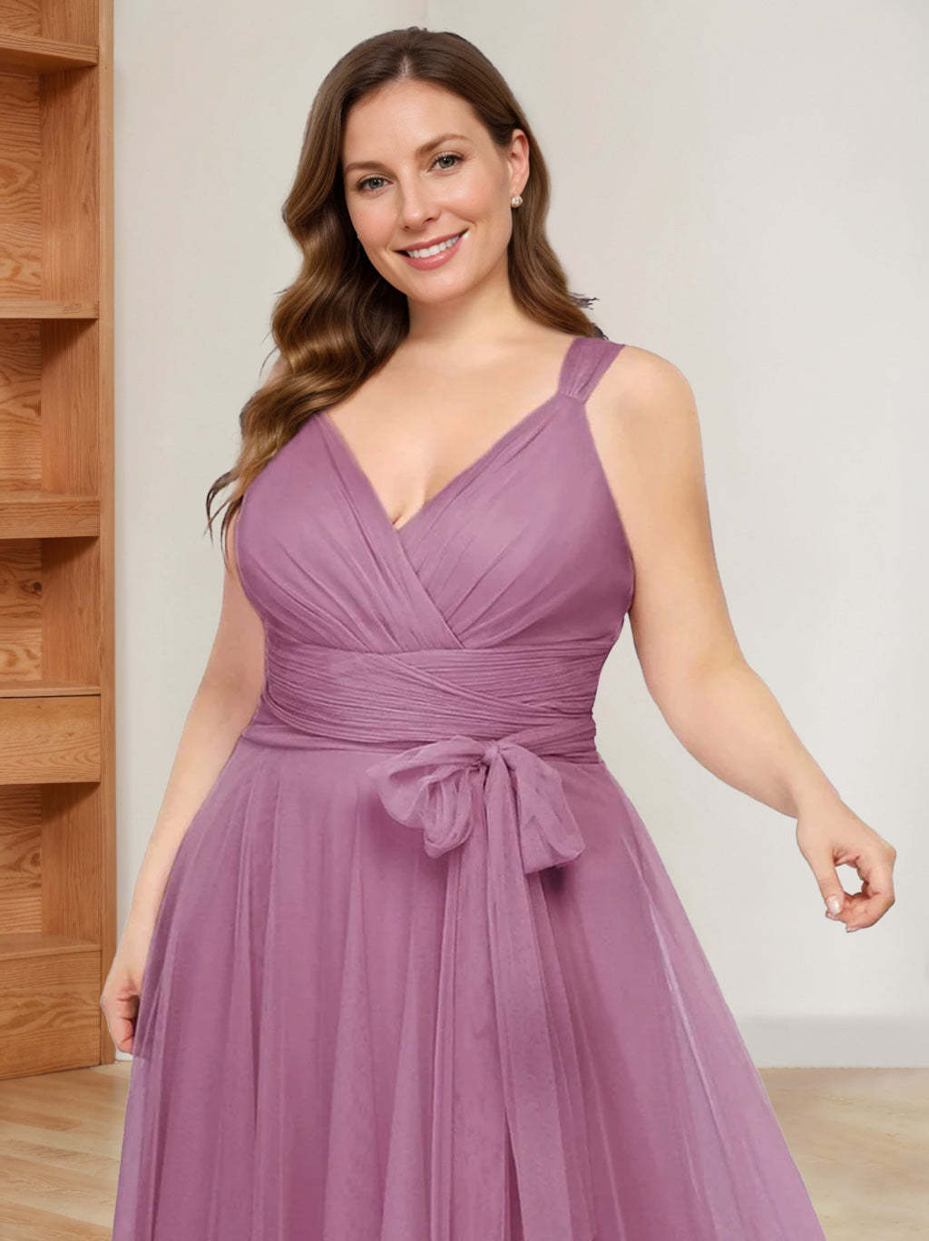 V-Neck Sleeveless A-Line Princess Floor-Length Tulle Plus Size Mother of the Bride Dress with Ruffles-BMbridal.UK