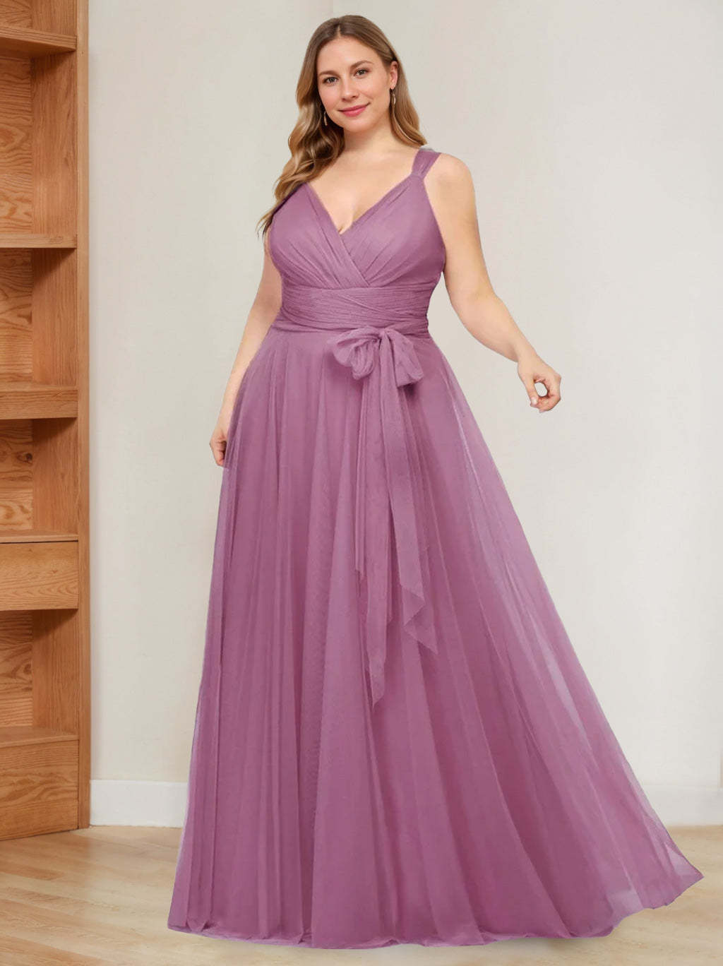 V-Neck Sleeveless A-Line Princess Floor-Length Tulle Plus Size Mother of the Bride Dress with Ruffles-BMbridal.UK